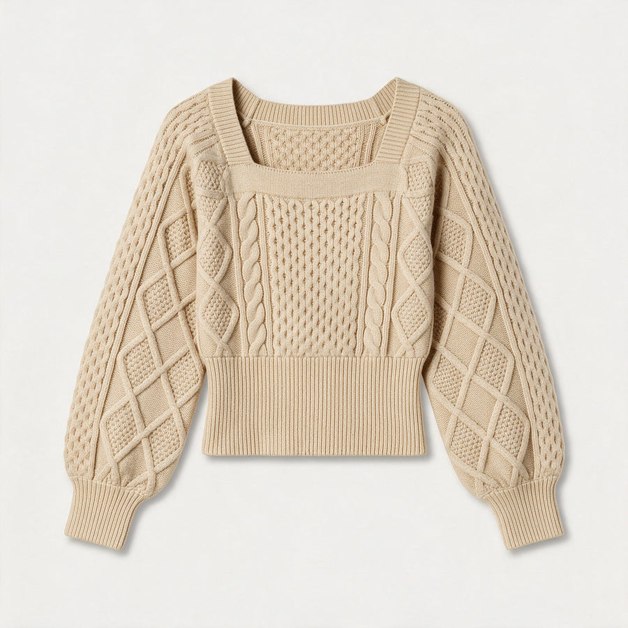 Women's cropped cable knit jumper with puff sleeves in Beige | Ickleton – front view