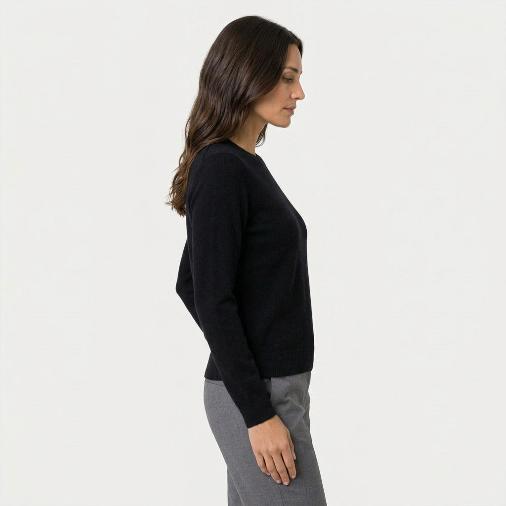 Women's Fitted Crew Neck Jumper in Black | Frampton – side view