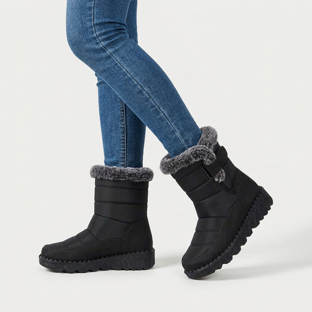 Women's faux fur collar snow boots in Black | Kimmeridge – side view
