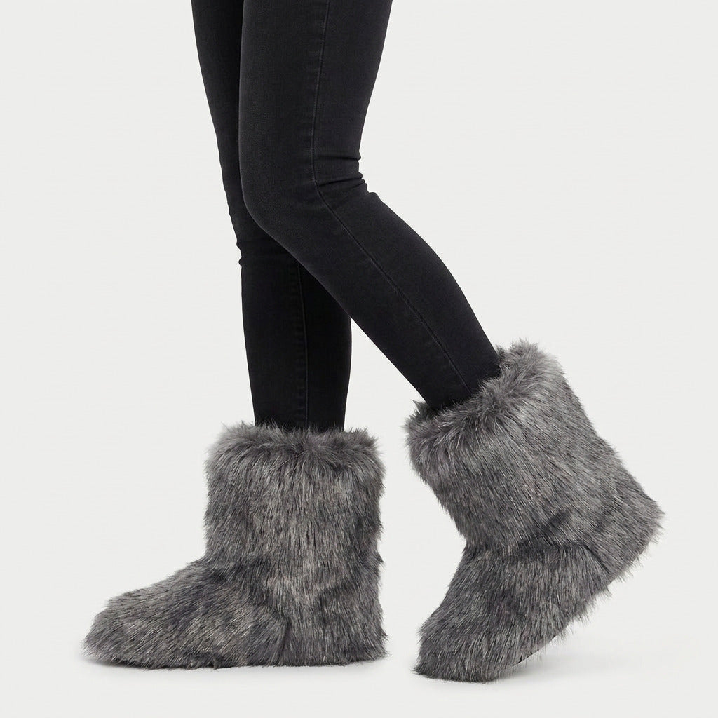 Women's fluffy faux fur boots in Grey | Goadby – side view