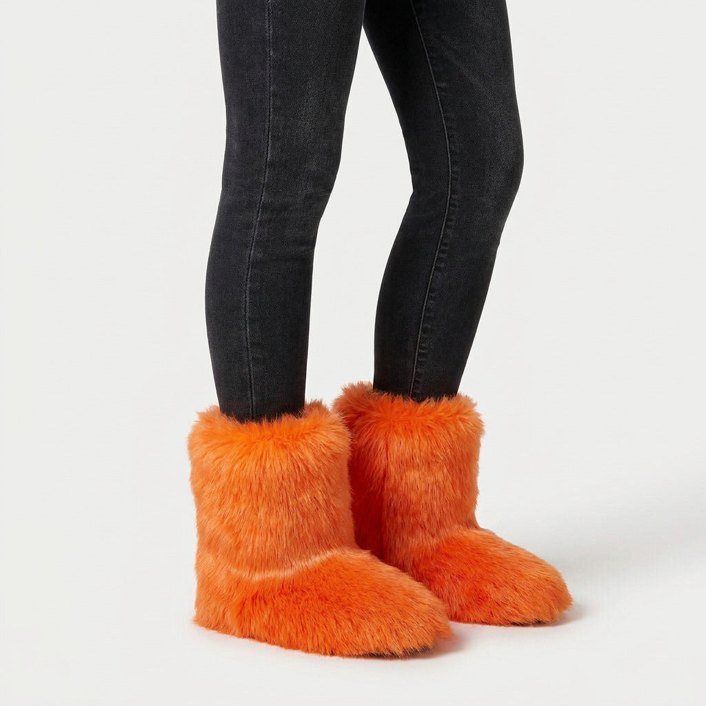 Women's fluffy faux fur boots in Orange | Goadby – side view