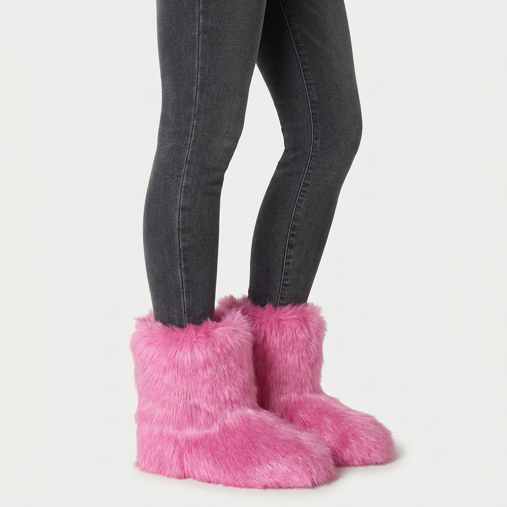Women's fluffy faux fur boots in Pink | Goadby – side view