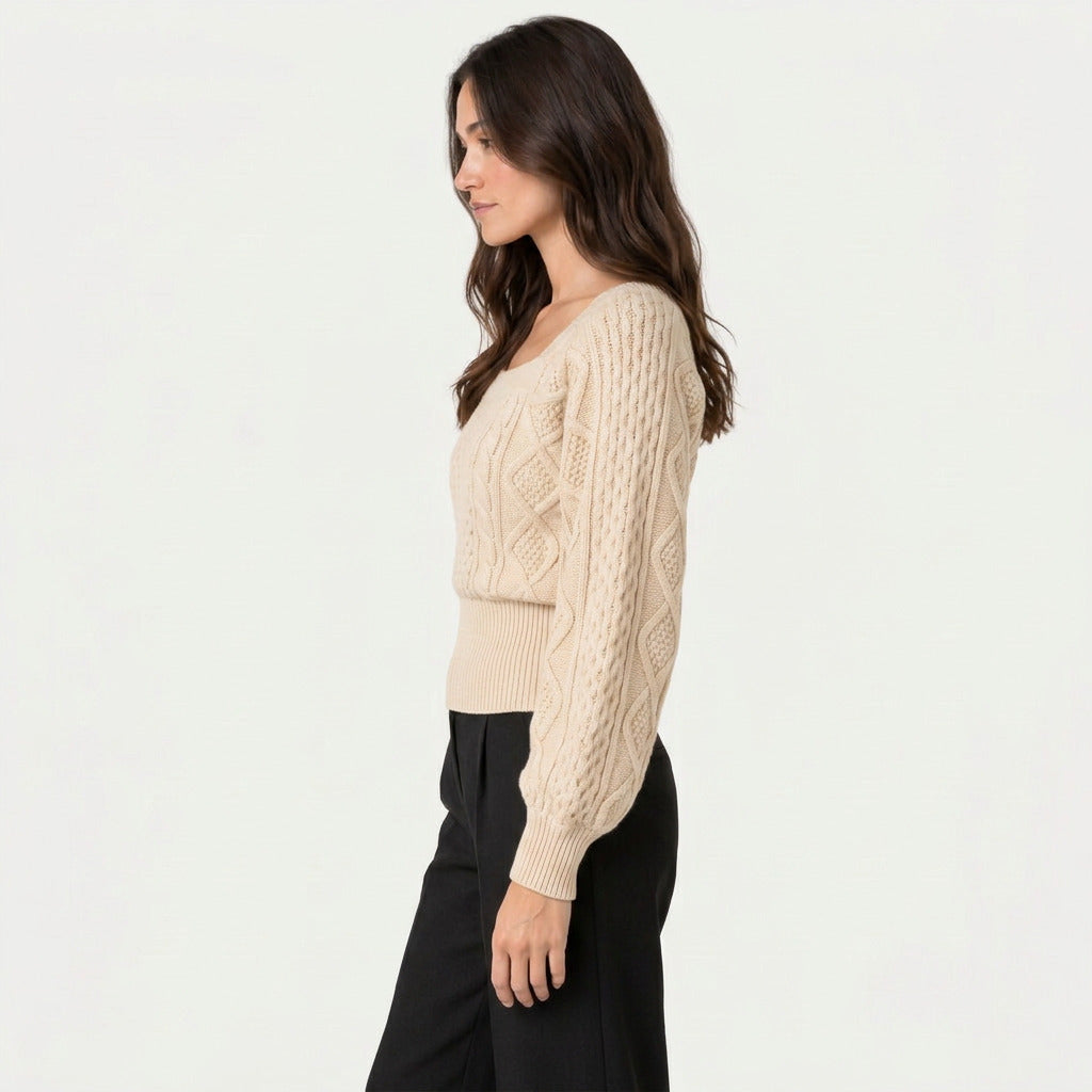 Women's cropped cable knit jumper with puff sleeves in Beige | Ickleton – side view