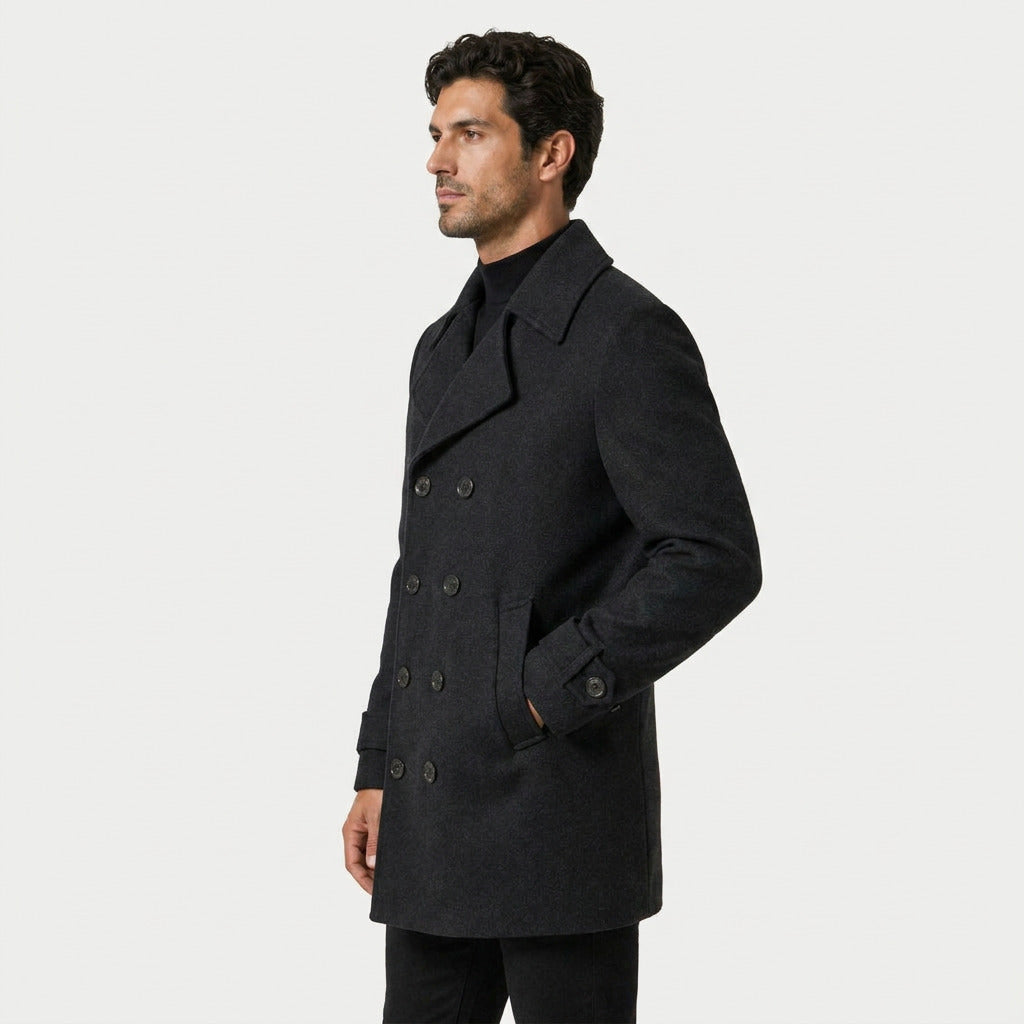 Men's double-breasted overcoat in Black | Saxtead – side view