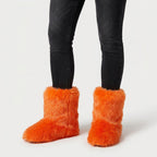 Women's fluffy faux fur boots in Orange | Goadby – front view