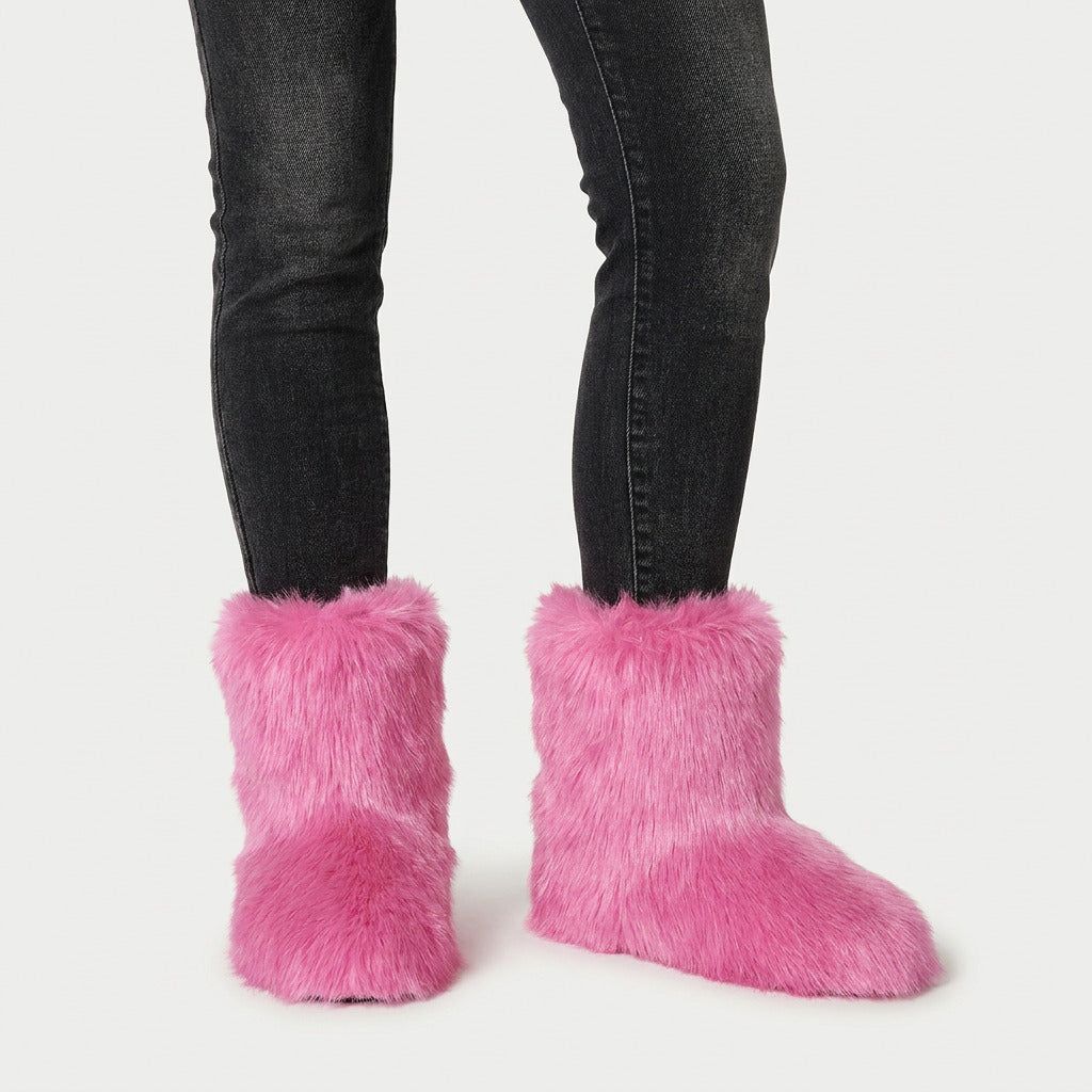 Women's fluffy faux fur boots in Pink | Goadby – front view