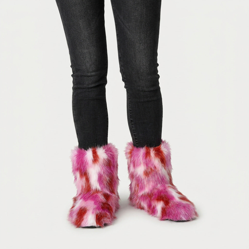 Women's fluffy faux fur boots in Pink & Red | Goadby – front view