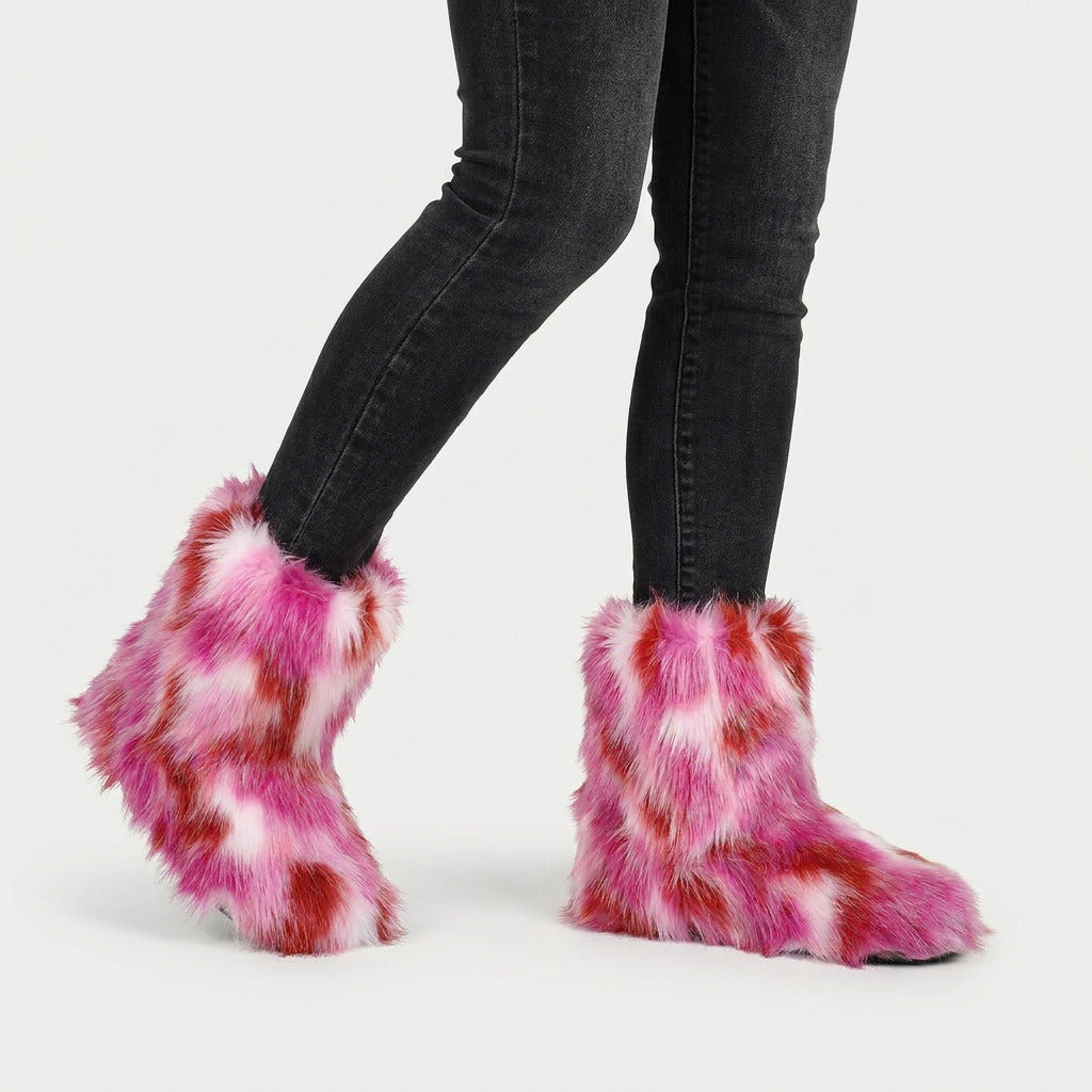 Women's fluffy faux fur boots in Pink & Red | Goadby – side view
