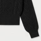 Women's cropped cable knit jumper with puff sleeves in Black | Ickleton – detail view