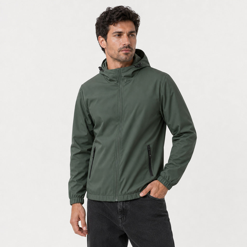 Men's hooded windbreaker in Dark Green | Meldon – front view