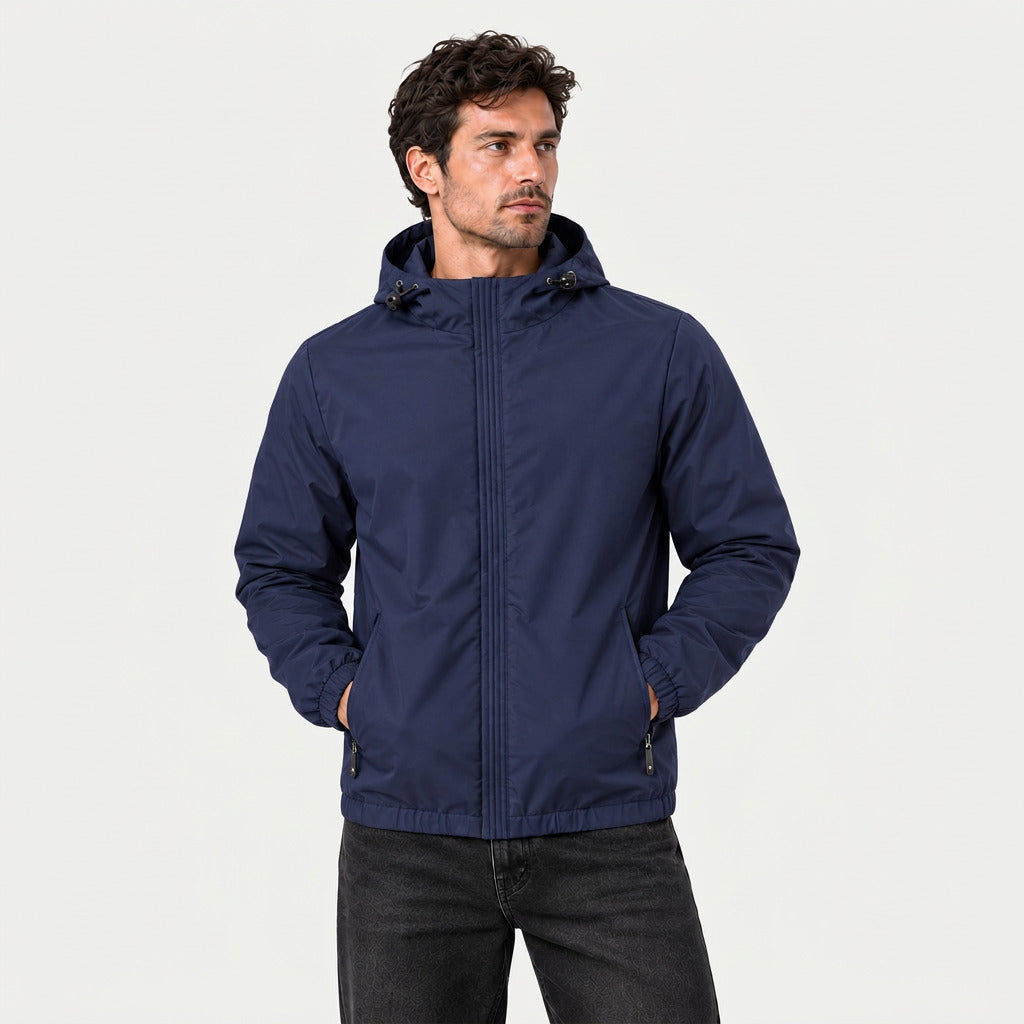 Men's hooded windbreaker in Navy | Meldon – front view