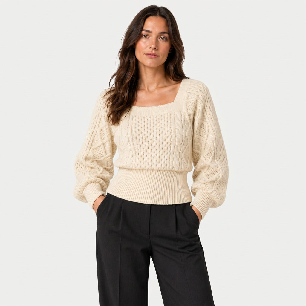 Women's cropped cable knit jumper with puff sleeves in Cream | Ickleton – front view