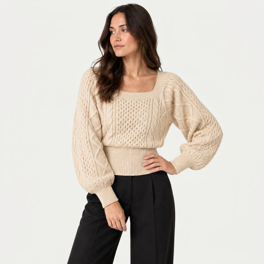 Women's cropped cable knit jumper with puff sleeves in Beige | Ickleton – front view