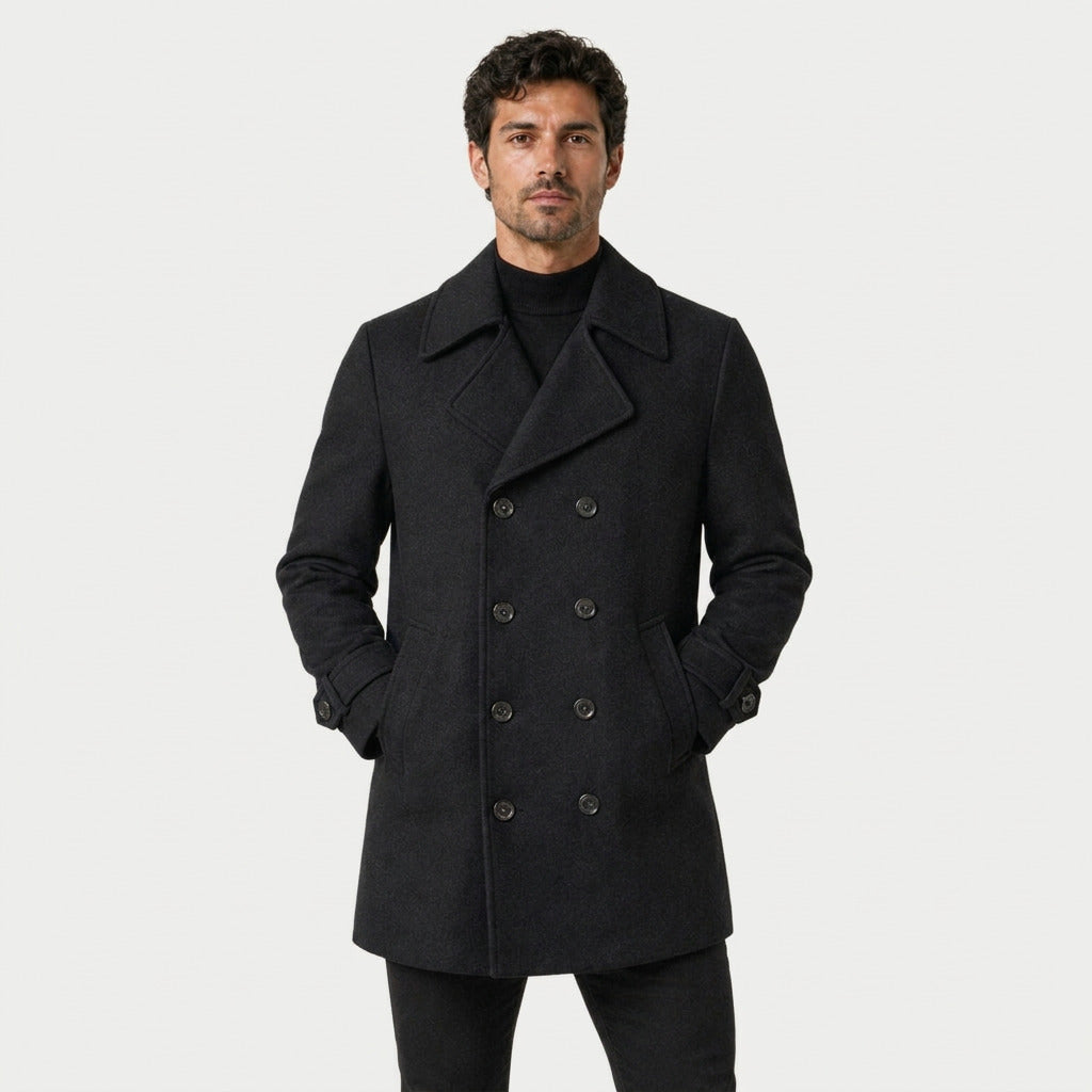 Men's double-breasted overcoat in Black | Saxtead – front view