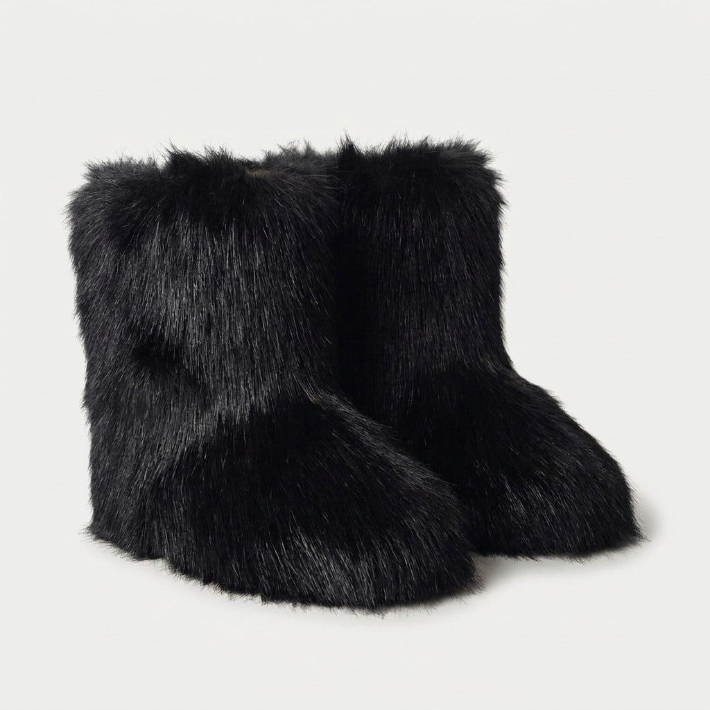 Women's fluffy faux fur boots in Black | Goadby – front view
