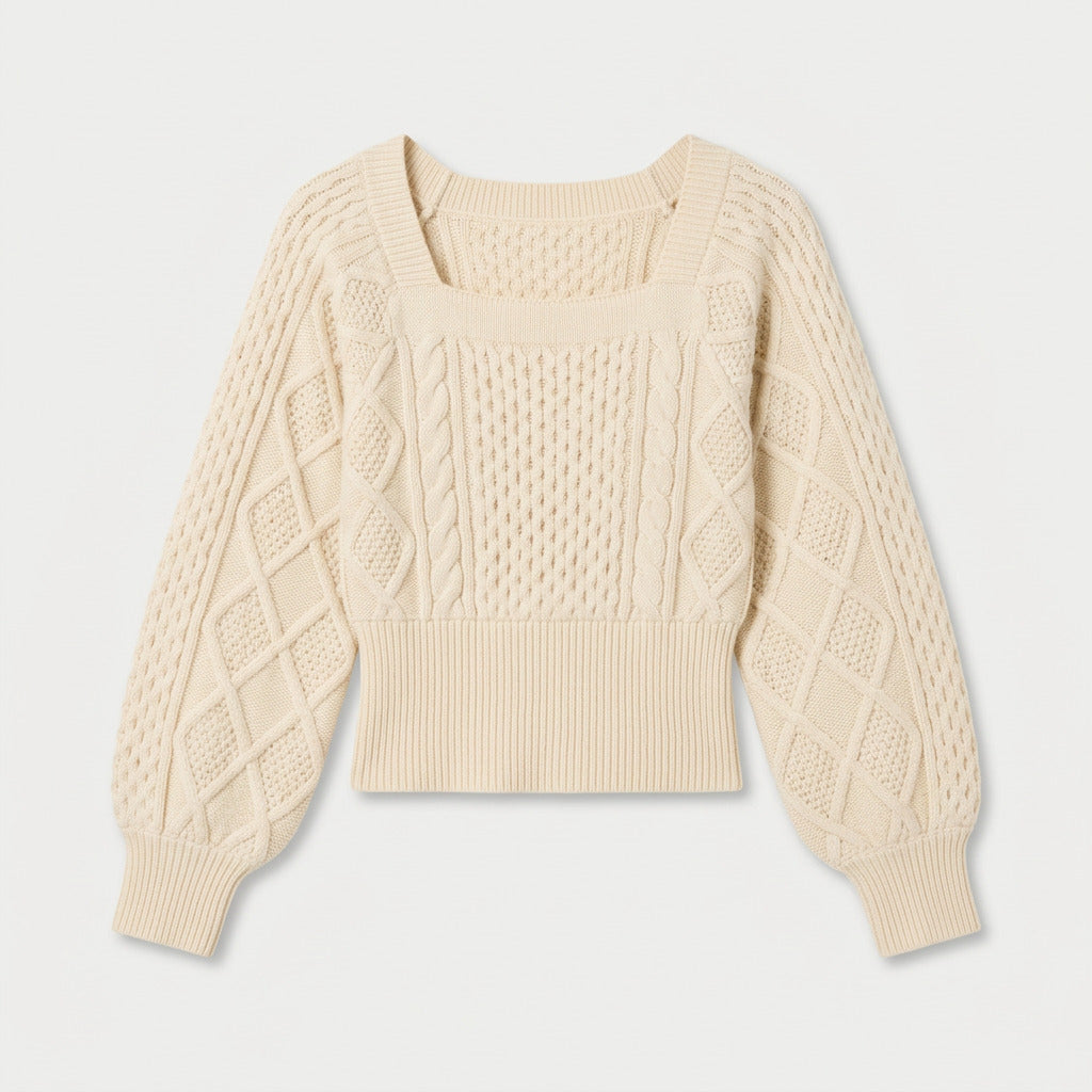 Women's cropped cable knit jumper with puff sleeves in Cream | Ickleton – front view