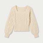 Women's cropped cable knit jumper with puff sleeves in Cream | Ickleton – front view