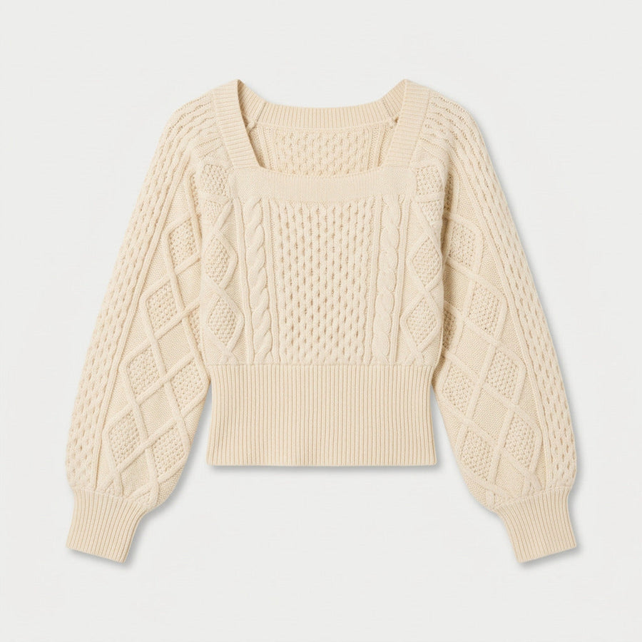 Women's cropped cable knit jumper with puff sleeves in Cream | Ickleton – front view