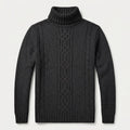 Men's cable knit roll neck jumper in Black | Nettleden – front view