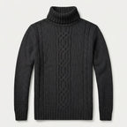 Men's cable knit roll neck jumper in Black | Nettleden – front view