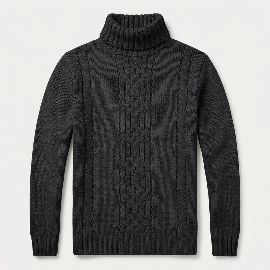 Men's cable knit roll neck jumper in Black | Nettleden – front view
