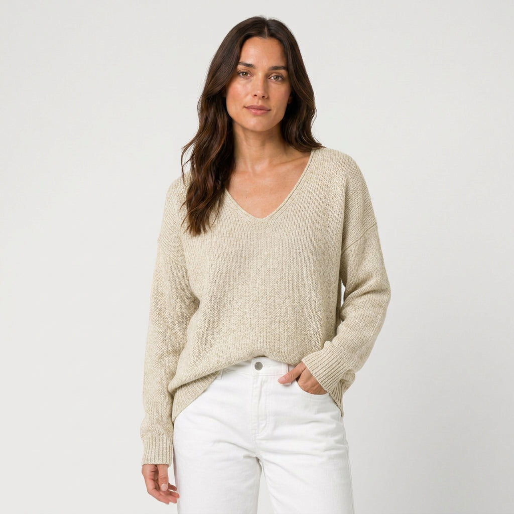 Women's Ribbed V-Neck Jumper in Cream | Glaisdale – front view