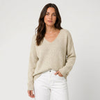 Women's Ribbed V-Neck Jumper in Cream | Glaisdale – front view