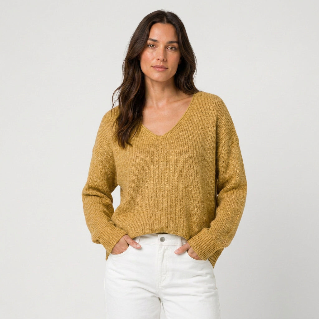 Women's Ribbed V-Neck Jumper in Mustard | Glaisdale – front view