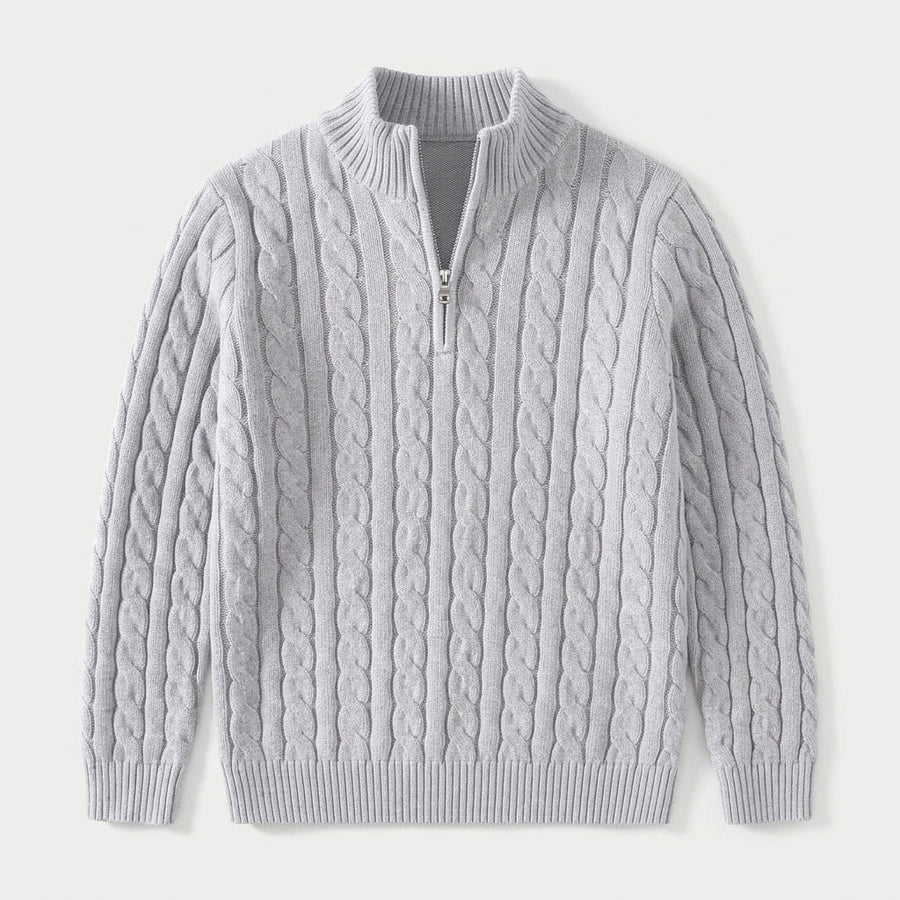 Men's cable knit quarter-zip jumper in Light Grey | Ombersley – front view