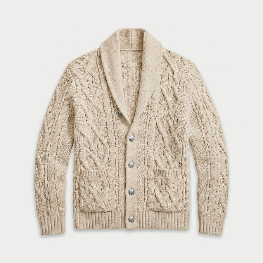 Men's shawl collar cable knit cardigan in Beige | Barnard – front view