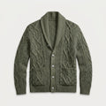 Men's shawl collar cable knit cardigan in Olive Green | Barnard – front view