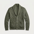 Men's shawl collar cable knit cardigan in Olive Green | Barnard – front view