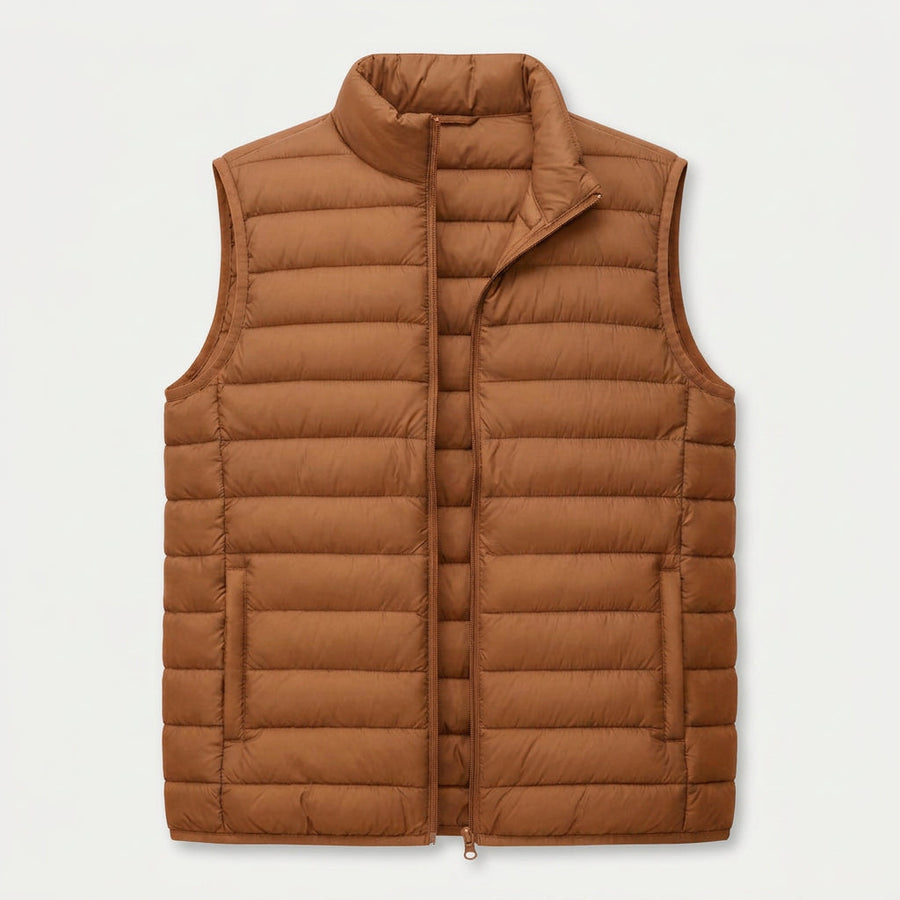 Men's Quilted Puffer Gilet in Camel | Sherston – front view