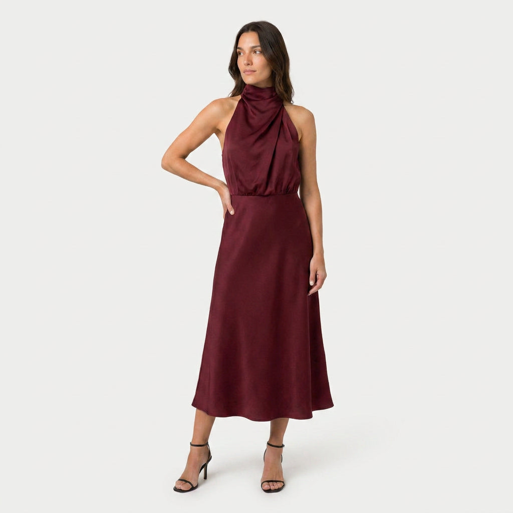 Women's satin halter midi dress in Burgundy | Alderholt – front view
