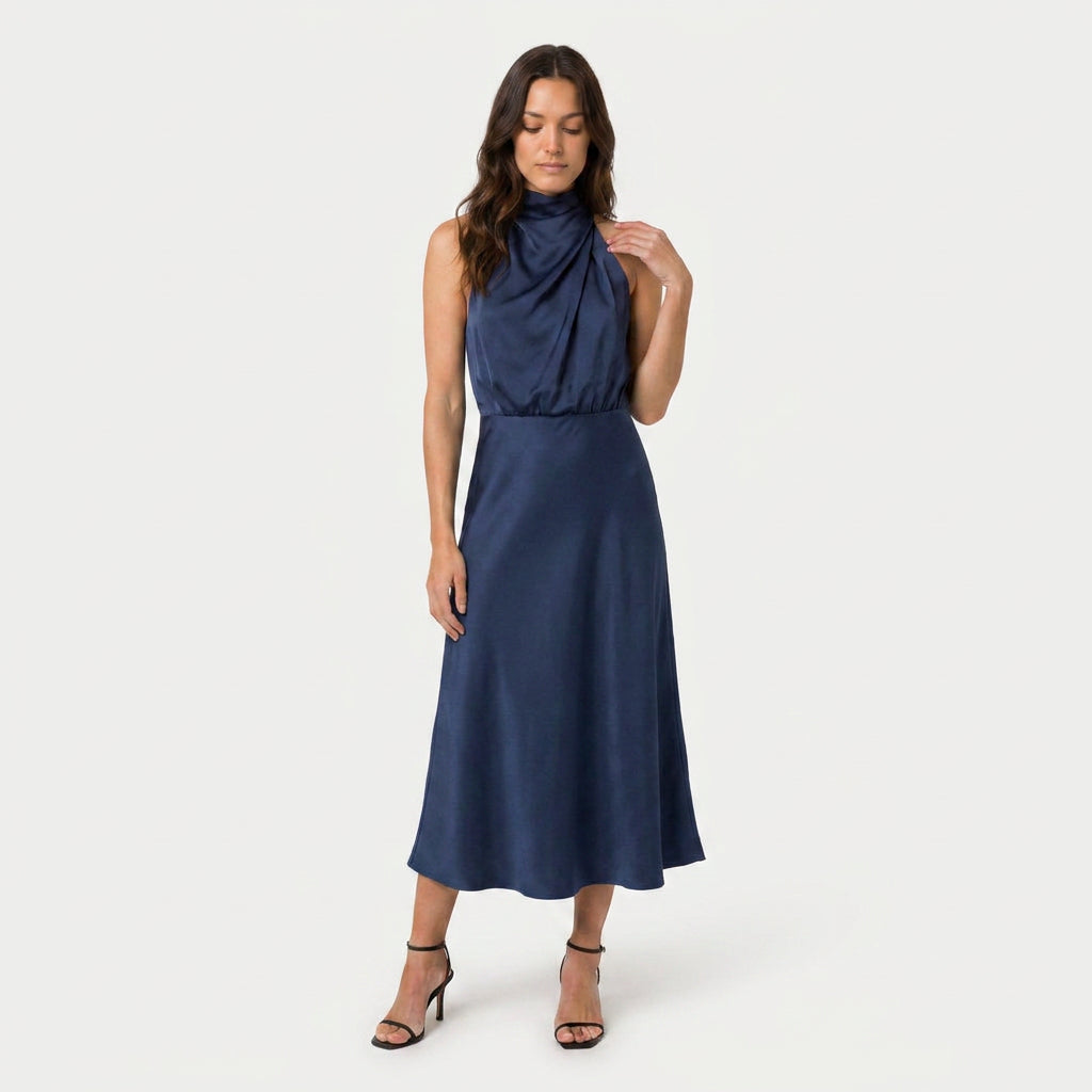 Women's satin halter midi dress in Navy | Alderholt – front view