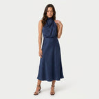 Women's satin halter midi dress in Navy | Alderholt – front view