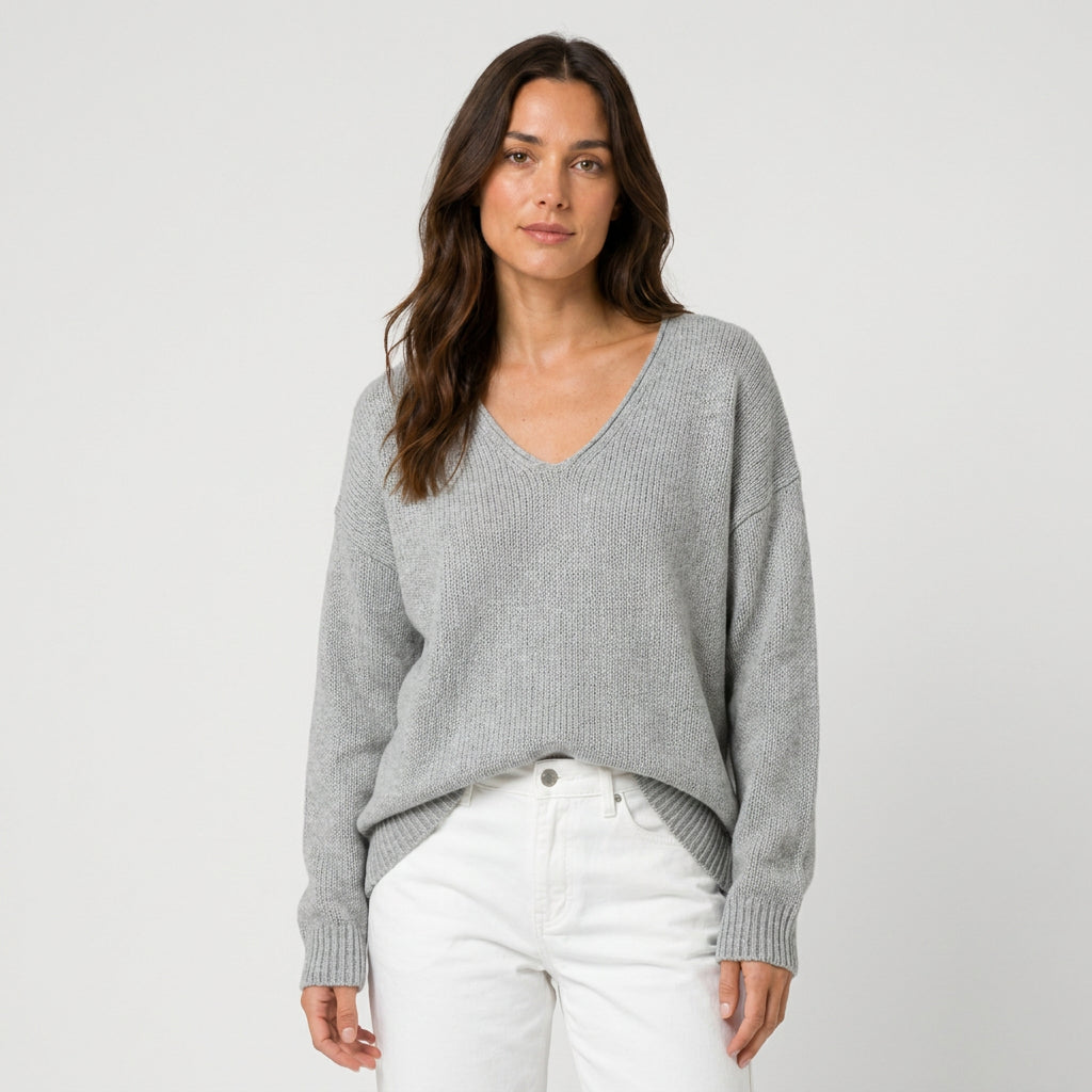 Women's Ribbed V-Neck Jumper in Light Grey | Glaisdale – front view