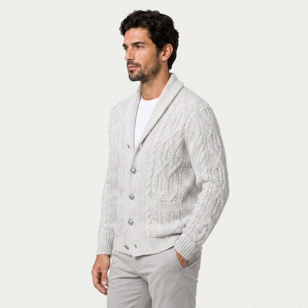 Men's shawl collar cable knit cardigan in White | Barnard – side view