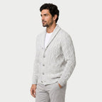 Men's shawl collar cable knit cardigan in White | Barnard – side view