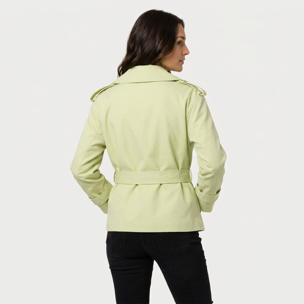Women's short trench coat in Light Green | Abbotsbury – back view