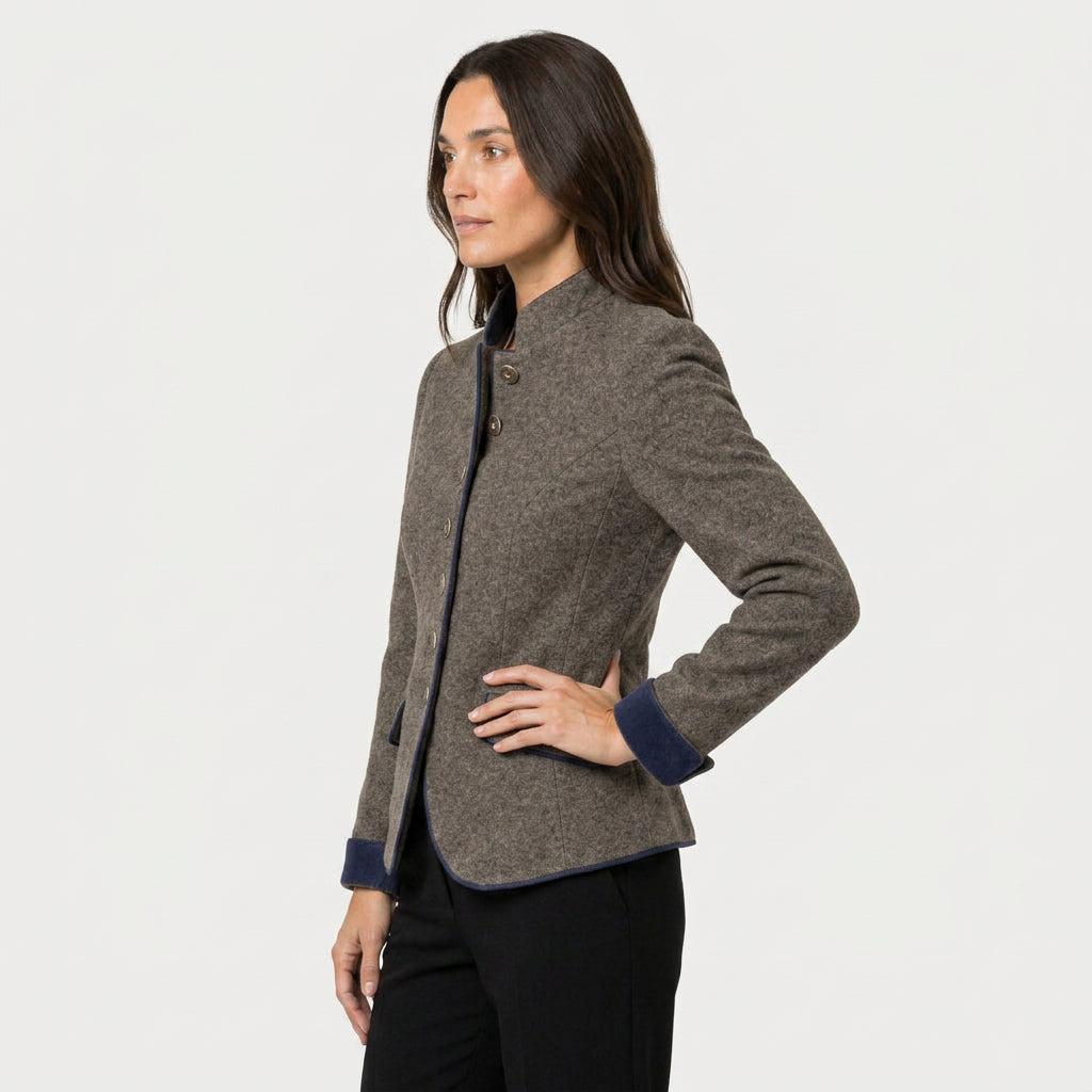 Women's stand collar blazer in Taupe | Elsdon – side view