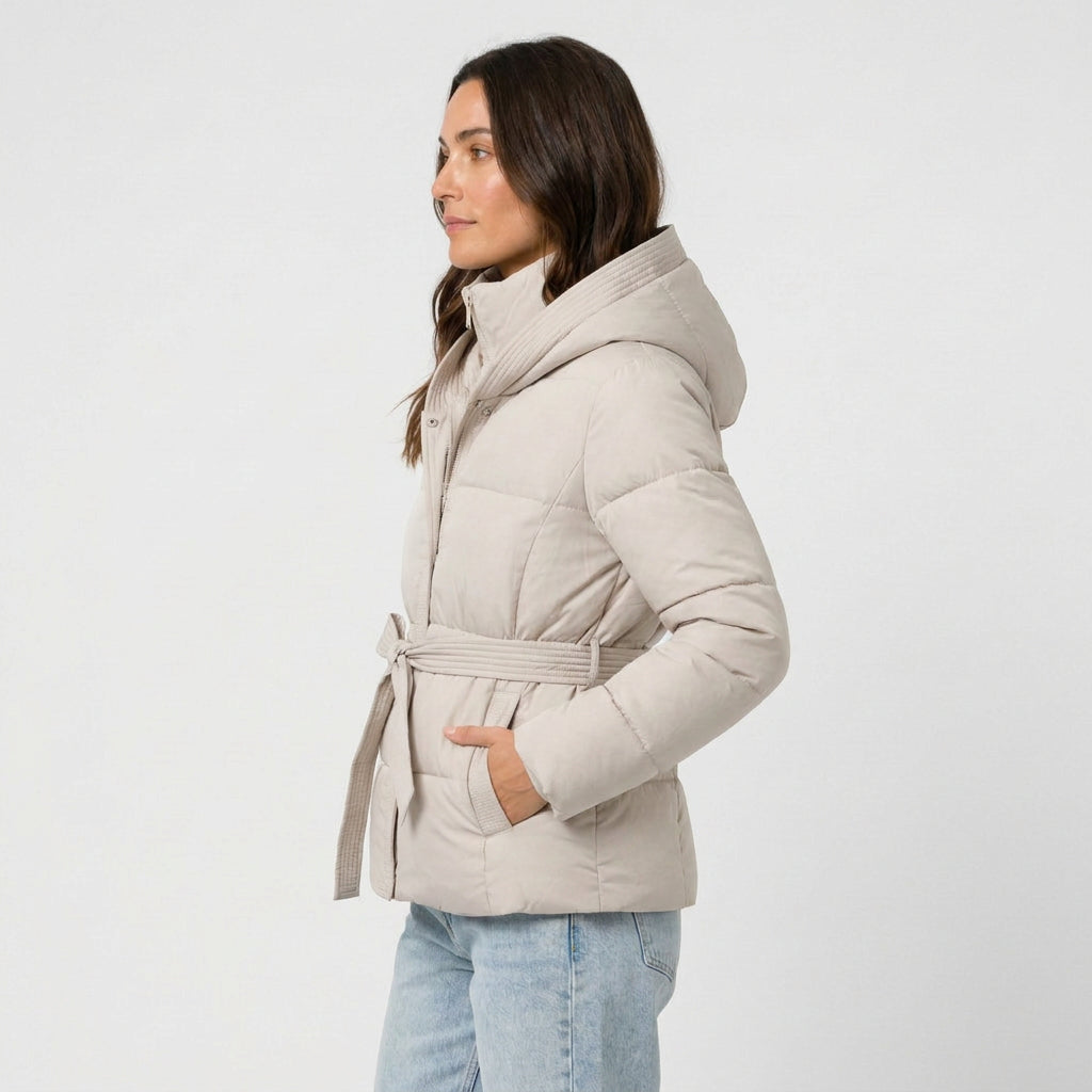 Women's belted puffer jacket in Ivory | Ardeley – side view