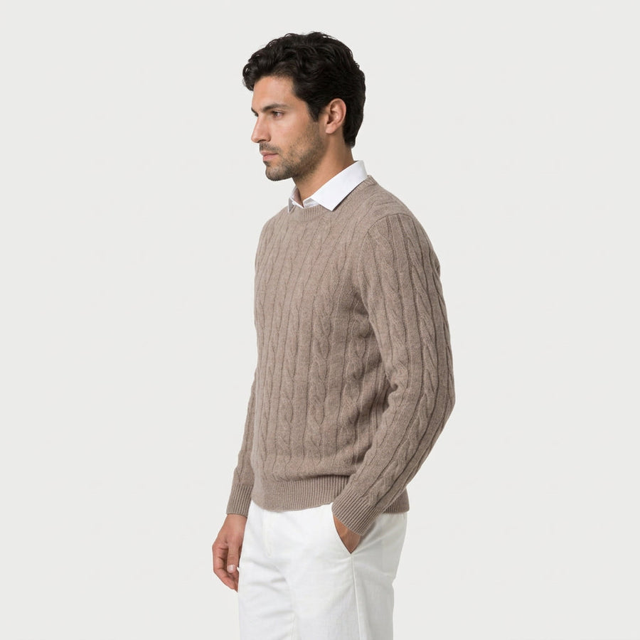 Men's cable knit crew neck jumper in Taupe | Portsoy – side view