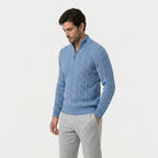 Men's cable knit quarter-zip jumper in Light Blue | Ombersley – side view