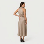 Women's satin halter midi dress in Beige | Alderholt – back view