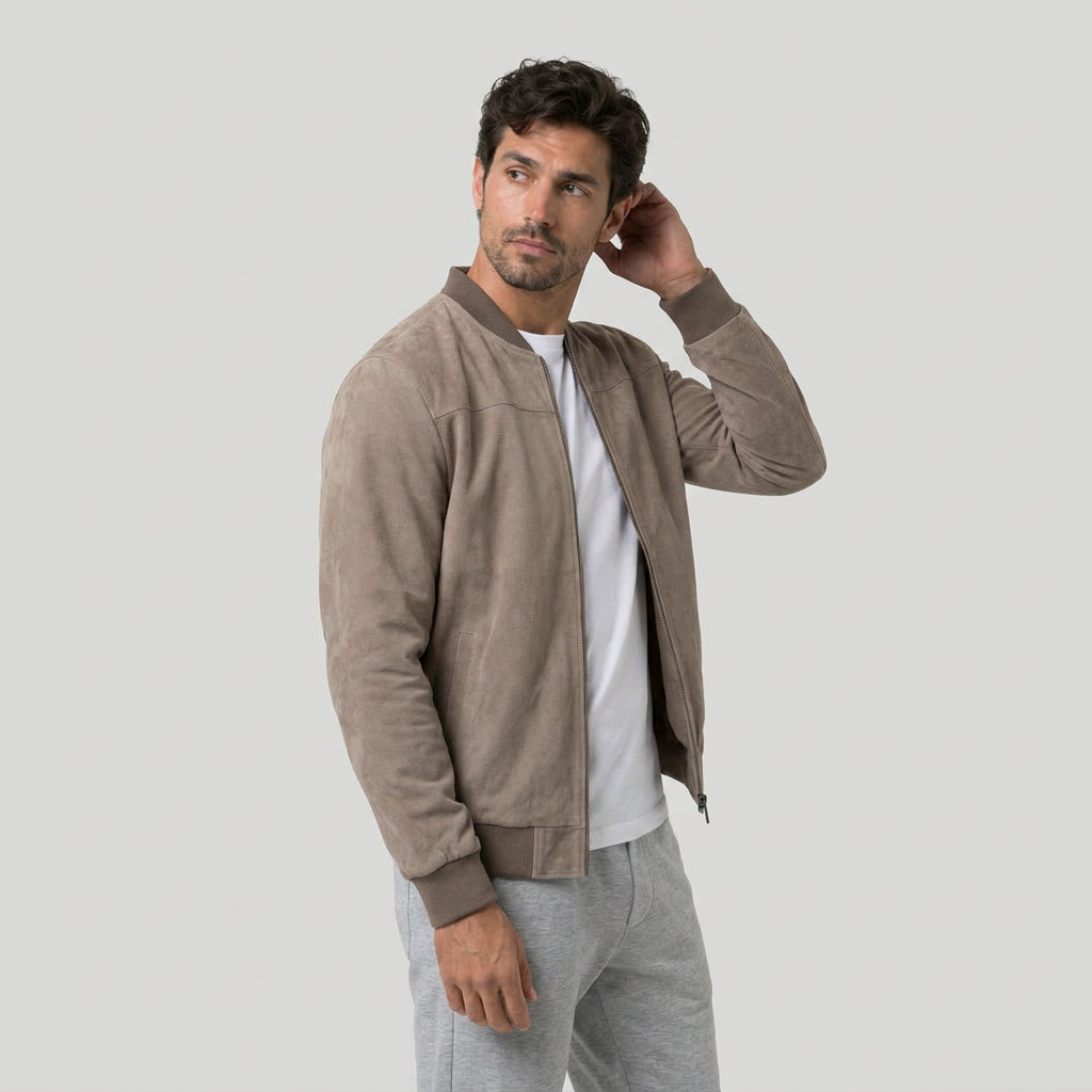 Men's washed bomber jacket in Taupe | Pertenhall – front view