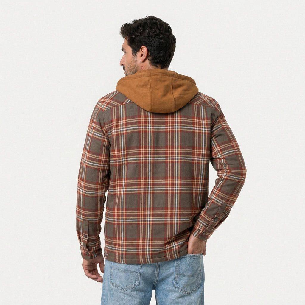 Men's hooded check shirt jacket in Brown Check | Rufforth – back view