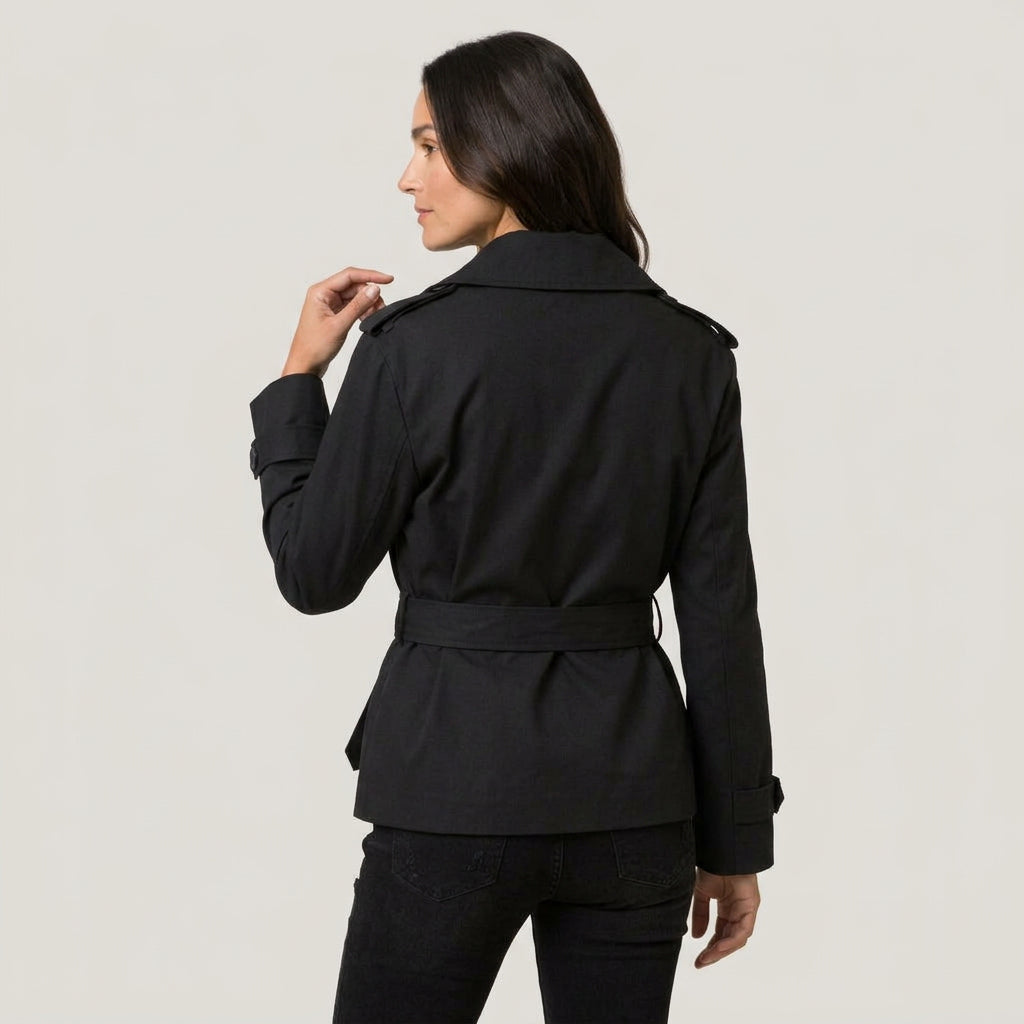 Women's short trench coat in Black | Abbotsbury – back view