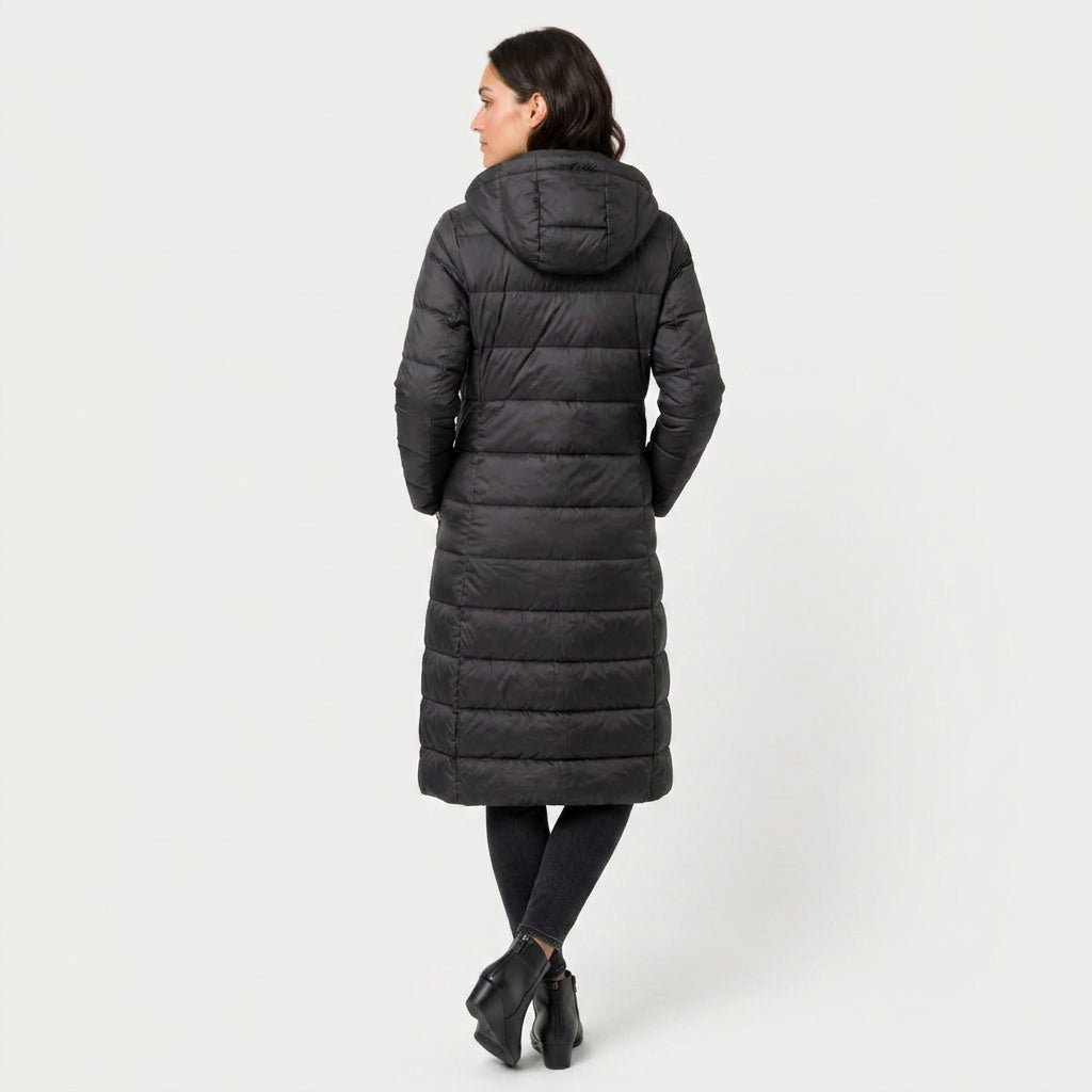 Women's Longline Puffer Coat in Black | Idbury – back view