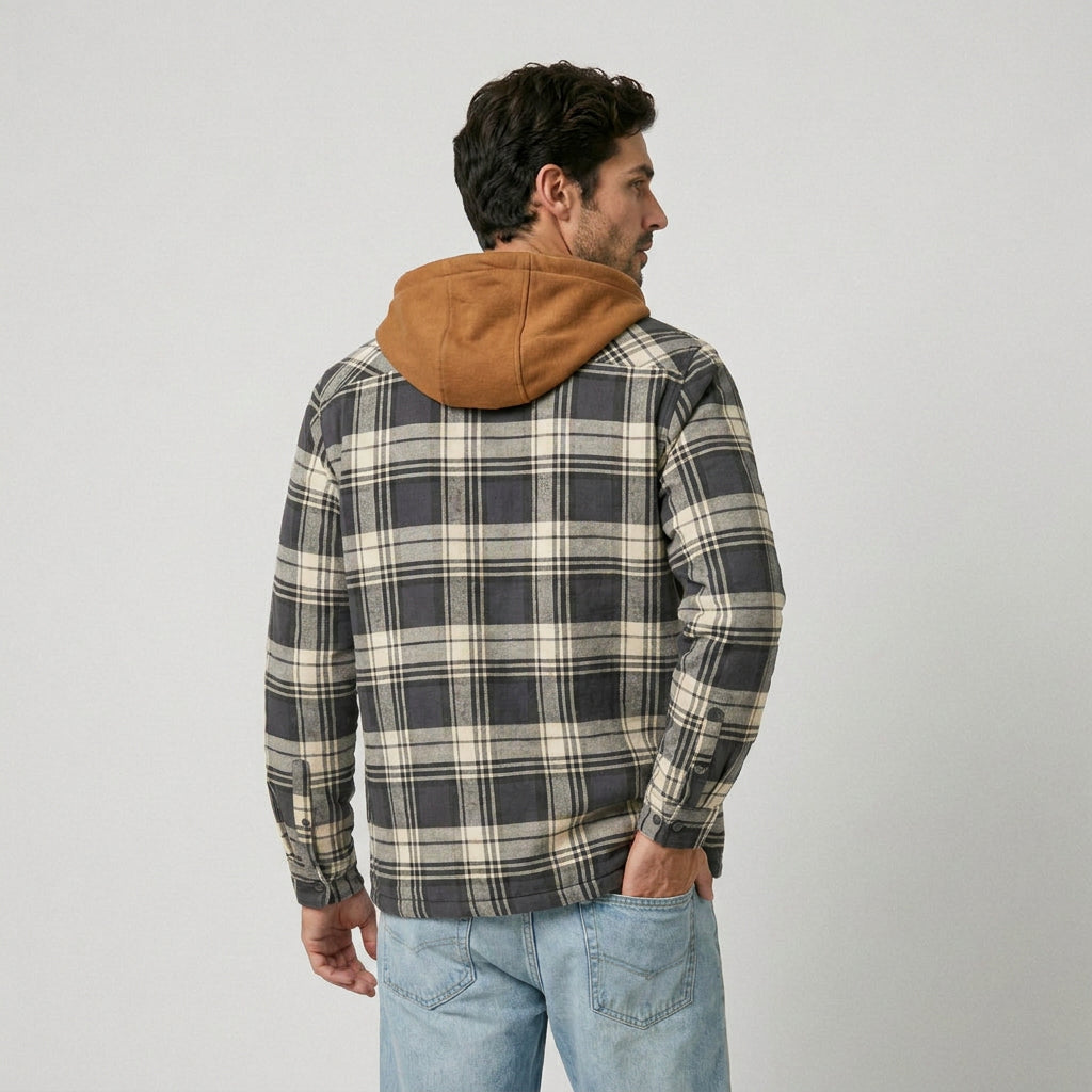 Men's hooded check shirt jacket in Grey Check | Rufforth – back view